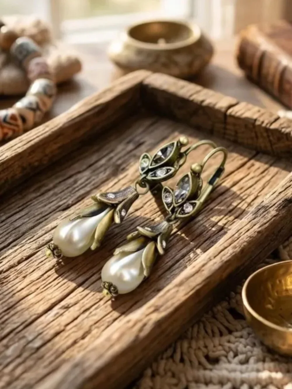 Victorian Drop Earrings Floral Lily Pearl Pendant Leaf Bronze Antiqued Metal